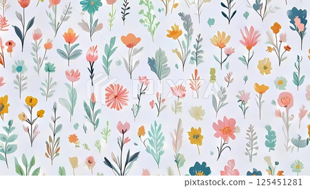 Illustration of white background of fashionable plants and flowers with gentle spring colors 125451281