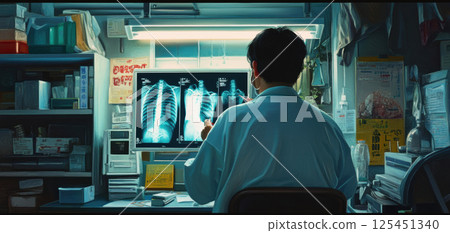 Doctor examining an X-ray (AI-generated image) Doctor examining an X-ray (AI-generated image) 125451340