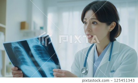 Doctor examining an X-ray (AI-generated image) Doctor examining an X-ray (AI-generated image) 125451343