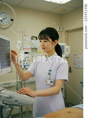 A nurse checking a patient's vital signs on a monitor (AI-generated image) A nurse checking a patient's vital signs on a monitor (AI-generated image) 125451396
