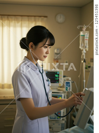 一名護理師在監視器上檢查患者的生命徵象（AI 產生的圖像） 125451398