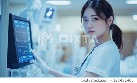 A nurse checking a patient's vital signs on a monitor (AI-generated image) 125451403