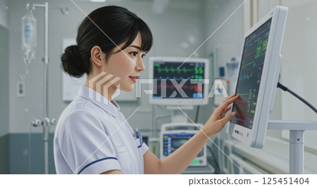 A nurse checking a patient's vital signs on a monitor (AI-generated image) 125451404