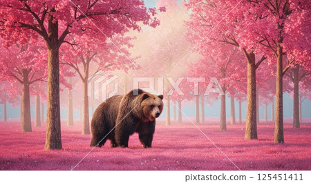 Majestic bear strolling through enchanted pink forest in morning light Majestic bear strolling through enchanted pink forest in morning light 125451411