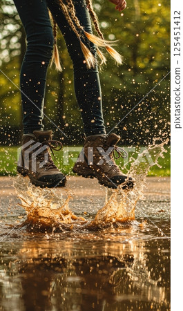 Joyful splash: feet in hiking boots jumping in puddle with water droplets scattering Joyful splash: feet in hiking boots jumping in puddle with water droplets scattering 125451412