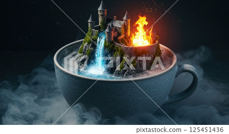 Enchanted castle with waterfall and fire in a mystical teacup fantasy scene 125451436
