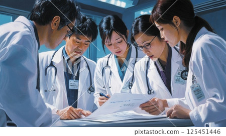 Medical team consulting while looking at charts (AI generated image) 125451446