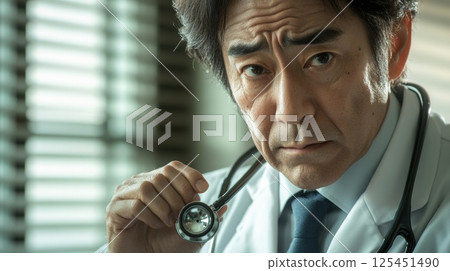 Doctor adjusting stethoscope (AI generated image) Doctor adjusting stethoscope (AI generated image) 125451490