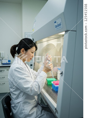 A researcher operating a micropipette on a clean bench (AI-generated image) 125451508