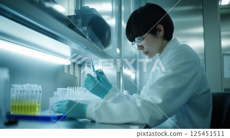 一名研究人員在潔淨工作台上操作微量移液器（AI 產生的影像） 125451511