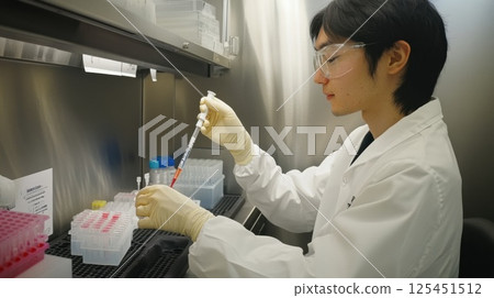 A researcher operating a micropipette on a clean bench (AI-generated image) 125451512