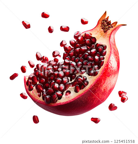 Half pomegranate with scattered seeds isolated on a transparent background. Ripe red fruit with glossy arils and textured peel, opened section with visible juicy pulp for food and design projects. 125451558