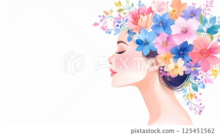 Woman's profile (facing left) and beautiful flowers with copy space 125451562