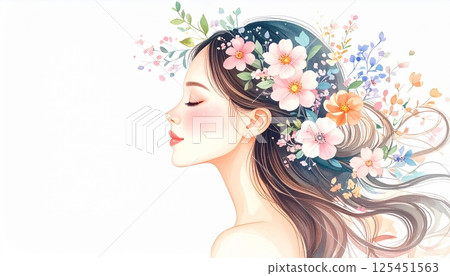Woman's profile (facing left) and beautiful flowers with copy space 125451563