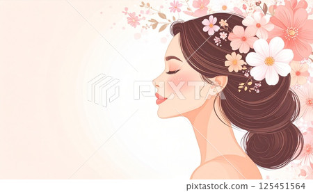 Woman's profile (facing left) and beautiful flowers with copy space 125451564