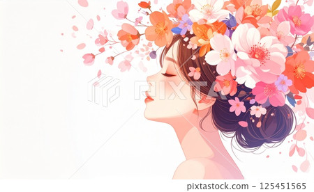 女人的側面(面向左側)和美麗的花朵以及影印空間 女人的側面(面向左側)和美麗的花朵以及影印空間 125451565