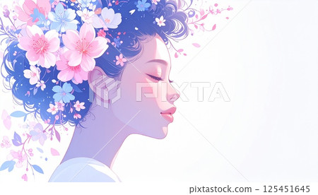 女人的側面像（面向右）和美麗的花朵以及複製空間 125451645