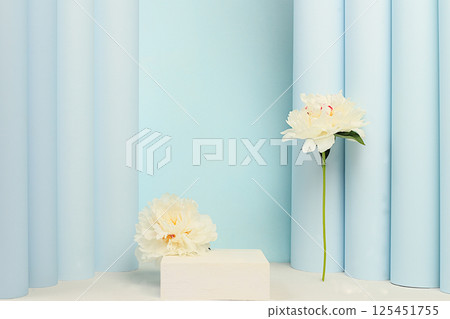 Empty premium podium and beautiful flower arrangement with peonies,Stage for product display and business concept for shopping promotion. elegant beauty concept, minimal modern aesthetic 125451755