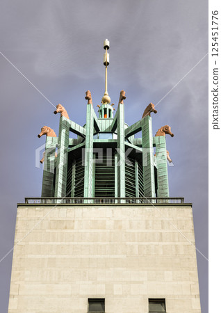 Stunning exterior view of The carillon or Bell tower with 12 large and 8 small seahorses. 125451776