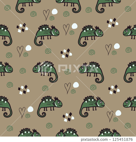 Green lizards on beige background, seamless pattern 125451876