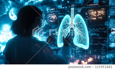 A doctor carefully examines a virtual lung x-ray projection with focused attention. The integration of advanced technology in medical diagnostics. Generative AI. 125451881