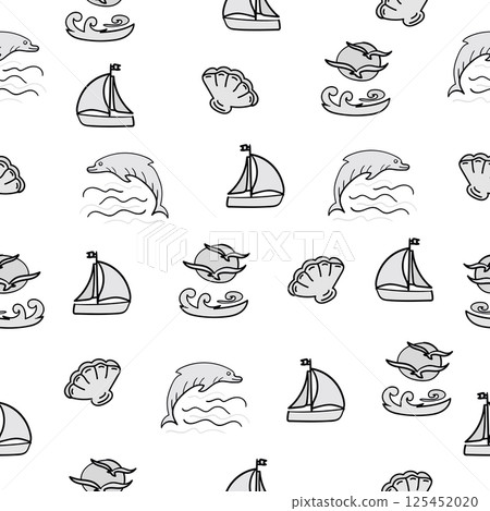Sea life, monochrome vector seamless pattern on white background 125452020