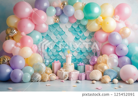 Colorful balloon decoration for a birthday celebration indoor party festive atmosphere playful viewpoint joyful concept Colorful balloon decoration for a birthday celebration indoor party festive atmosphere playful viewpoint joyful concept 125452091