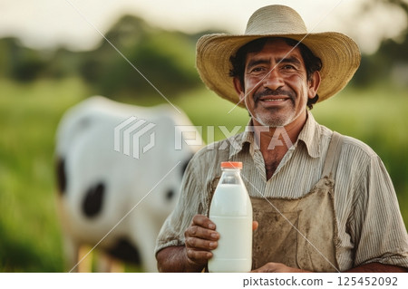 Smiling farmer holding fresh milk bottle with cow in the background Smiling farmer holding fresh milk bottle with cow in the background 125452092