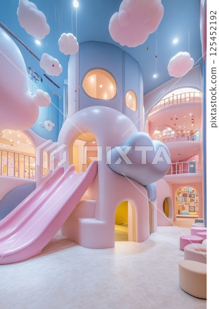 Playful indoor playground adventure imagination land fun space cheerful environment wide angle creative design 125452192