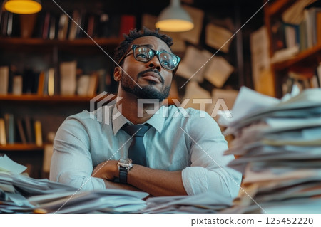 Overwhelmed professional contemplating solutions in a chaotic office environment focused perspective on success Overwhelmed professional contemplating solutions in a chaotic office environment focused perspective on success 125452220