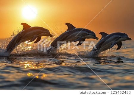 Dolphins leaping at sunset over ocean waves beautiful nature scene dynamic action 125452433