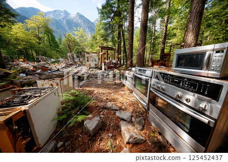 Illegally dumped home appliances abandoned deep in the mountains, a scene symbolizing environmental issues 125452437