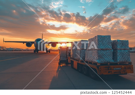 Cargo airplane unloading freight at sunset airport transport scene urban environment side view logistics operations 125452444