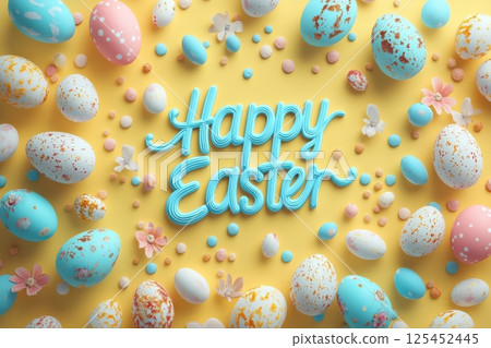 Top view of a colorful easter egg hunt celebration in a festive setting 125452445