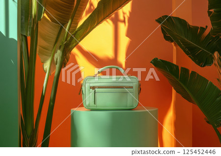 Colorful background handbag display. close-up fashion photography in a vibrant studio 125452446
