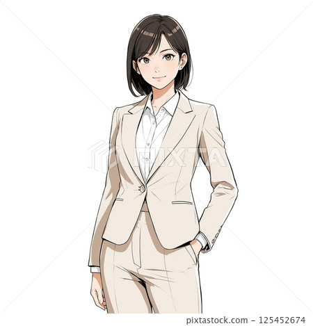 身穿米色西裝、面帶微笑的女商人的全身(白色背景) 身穿米色西裝、面帶微笑的女商人的全身(白色背景) 125452674