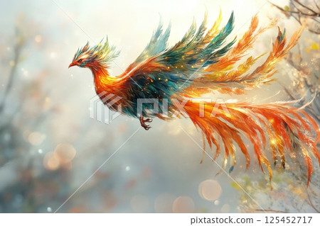 Phoenix rising in an enchanted forest aerial fantasy digital art transformation Phoenix rising in an enchanted forest aerial fantasy digital art transformation 125452717