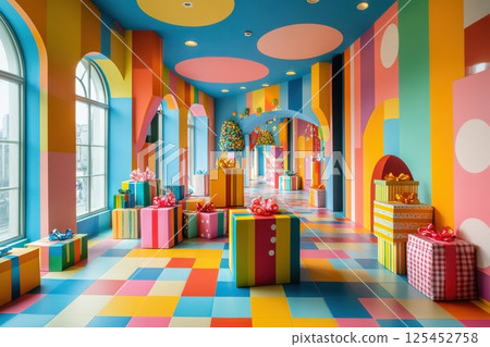 Colorful gift wonderland in a vibrant space interior design playful environment modern view 125452758