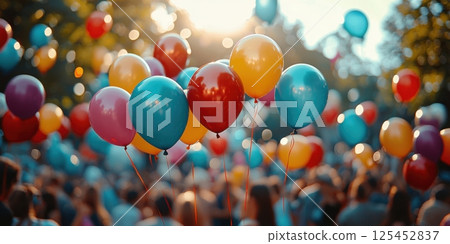 Colorful balloon celebration at a park gathering festive atmosphere vibrant viewpoint joyful community spirit 125452837