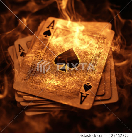 Fiery ace of spades playing cards gaming table digital art dark atmosphere close-up risk and chance Fiery ace of spades playing cards gaming table digital art dark atmosphere close-up risk and chance 125452872