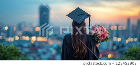 Graduation celebration city skyline portrait evening light inspirational moment Graduation celebration city skyline portrait evening light inspirational moment 125452902