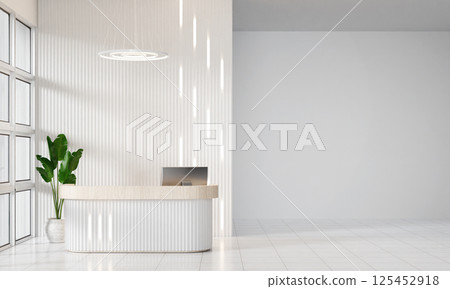 Stylish office reception area with elegant lighting, 3D render illustration. Stylish office reception area with elegant lighting, 3D render illustration. 125452918