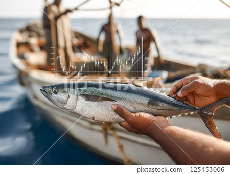 海鮮銷售圖表和漁民展示魚的圖片 125453006