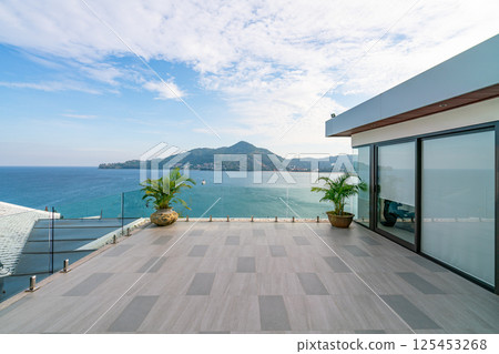 Tropical sea with Luxury villa house sea view in modern design,Summer Vacation and travel background concept 125453268