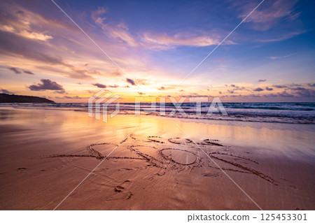 Amazing light sunset or sunrise sky over sea with wave crashing in the ocean,Seascape view nature colorful sky background 125453301
