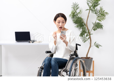 Woman in wheelchair, working from home, smartphone, surprised Woman in wheelchair, working from home, smartphone, surprised 125453638