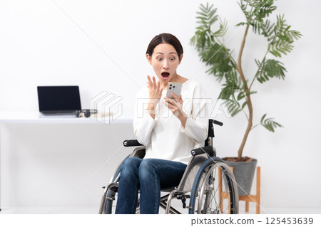 Woman in wheelchair, working from home, smartphone, surprised 125453639