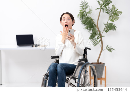 Woman in wheelchair, working from home, smartphone, surprised Woman in wheelchair, working from home, smartphone, surprised 125453644