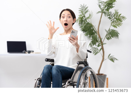 Woman in wheelchair, working from home, surprised Woman in wheelchair, working from home, surprised 125453673