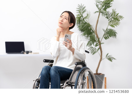 Woman in wheelchair, working from home, worries Woman in wheelchair, working from home, worries 125453680